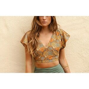 Albion GOLDEN HOUR CAP SWIM TOP CROP Floral Botanical Mustard Yellow Size Large